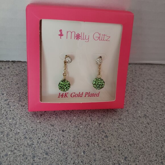 Molly Glitz 14k Gold Plated Lime White Crystal Ball Dangle Earrings - Picture 6 of 7